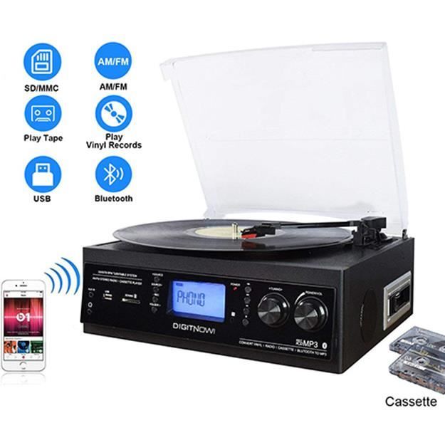 DIGITNOW! Platine Vinyle Bluetooth USB mp3 et Fonction Encodage Classique avec Cassette Radio 33/45/78 RPM Haut-parleurs Intégrés