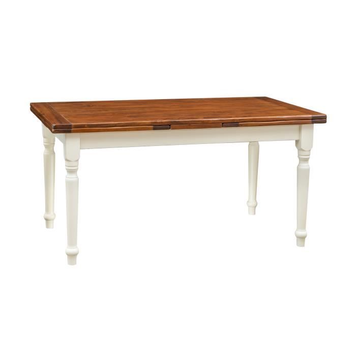 Table à rallonge champêtre en bois massif de tilleul avec structure antique blanche et plateau en noyer L160xPR90xH80 cm
