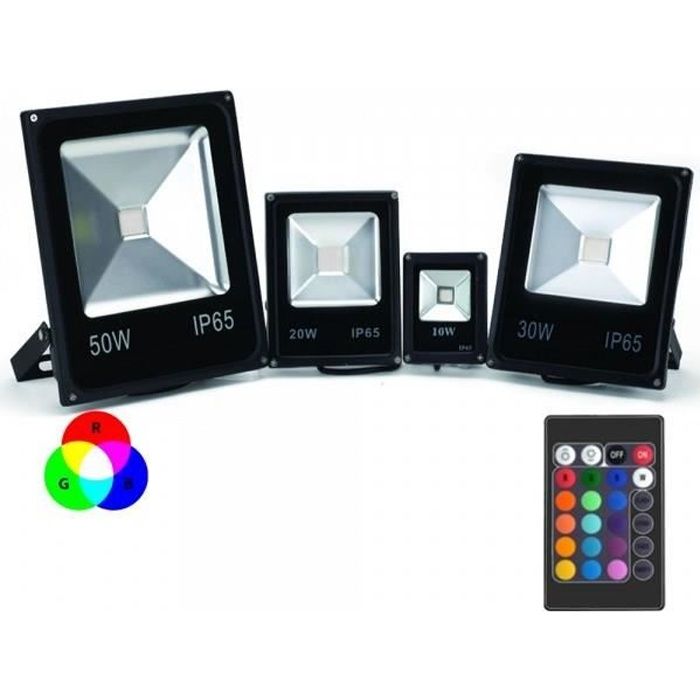 Projecteur LED Couleur RGB Intérieur/Extérieur Extra Plat Avec Télécommande - 10W, 20W, 30W, 50W, 100W (Nouveau !) - Puissance Watt