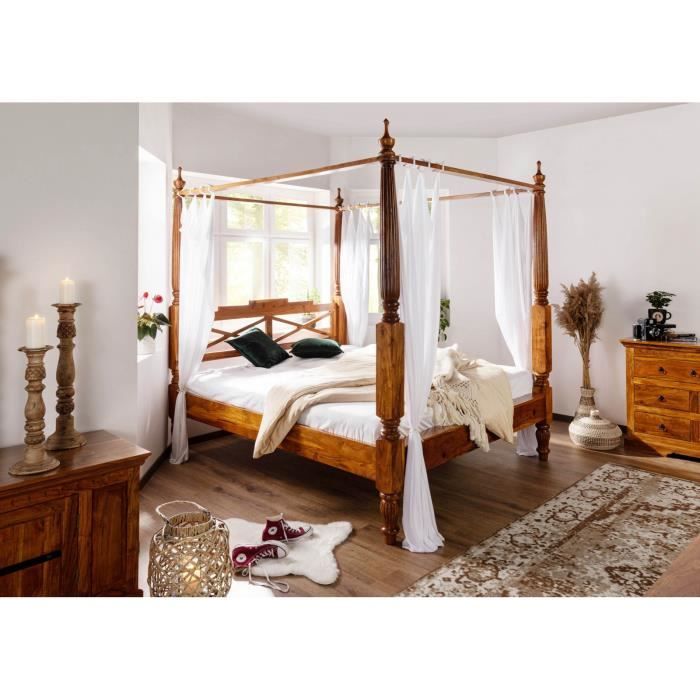 Lit à baldaquin 200x200 - Bois massif d'acacia laqué (Miel) - Style colonial - OXFORD #0247