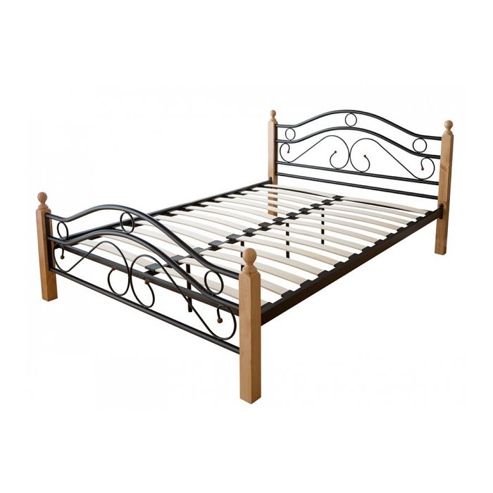 Design metal lit double 140 x 200 cadre de lit lattes bois noir naturel