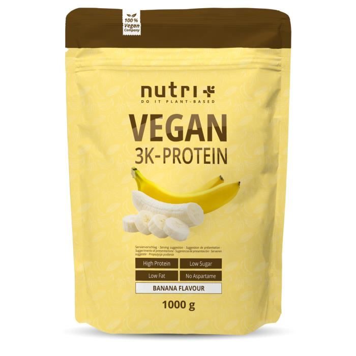 NUTRI-PLUS 3K poudre de protéines 1kg BANANE- 84,1% de protéines végétales - sans lactose - pour la musculation - VEGAN