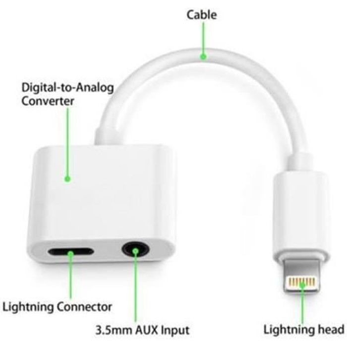1 Plug to foudre Port + 3.5MM Jack Splitter 2en1 Charging Music Adaptateur audio Câble pour iPhone 7/8 / X