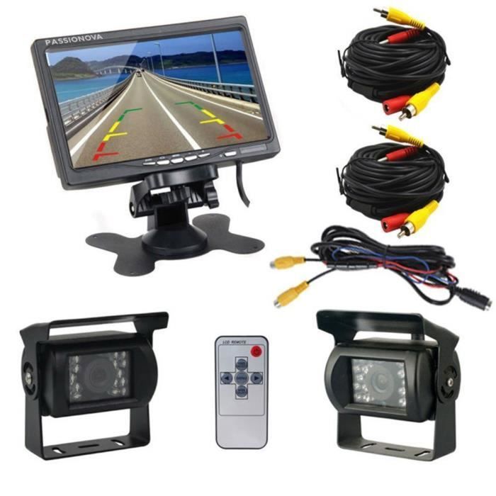 CONFO® Kit de Moniteur de Caméra de recul sans Fil avec Câble 7 Pouces Ecran Moniteur de Véhicule+2 Caméras Arrière IR LED Vision No