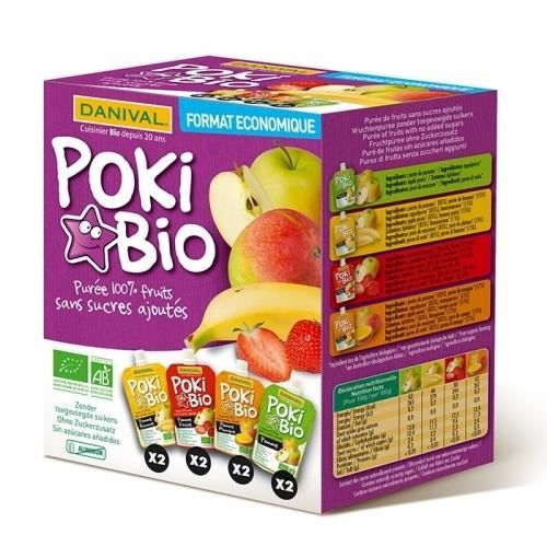 DANIVAL - Poki Bio - Assortiment de Purées 100% fruits bio sans sucres ajoutés 8 gourdes de 90 g - Compote fabriquée en France