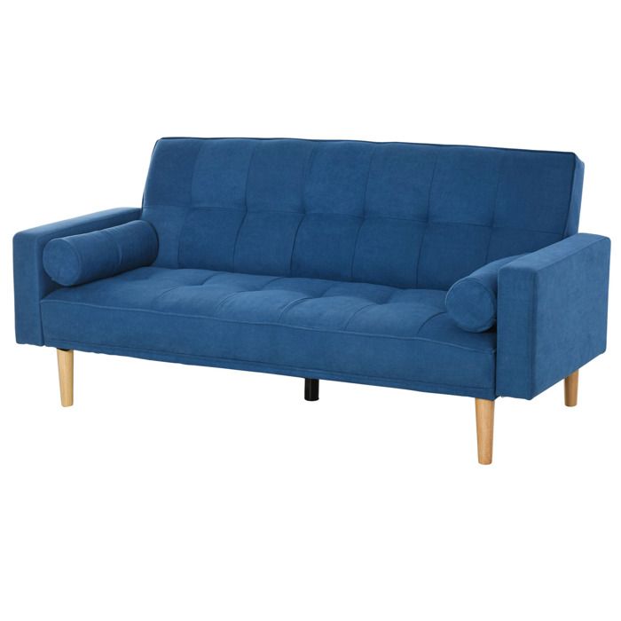 Canapé convertible 3 places design scandinave dossier inclinable 3 positions pieds bois tissu lin bleu 186x84x85cm Bleu