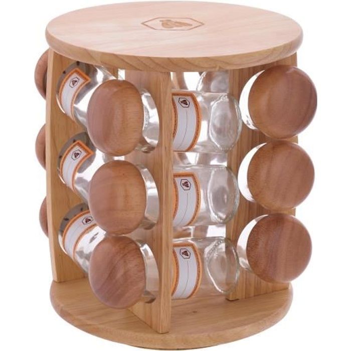 LAGUIOLE - Laguiole Distributeur d'Epices - Etagère de 12 Pots en Verre- RangementsTransparents à Herbes - Couvercle Bois - 10 cl -