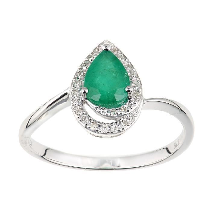 Revoni - Bague en or blanc 9 carats, diamants et émeraudes, motif goutte d'eau