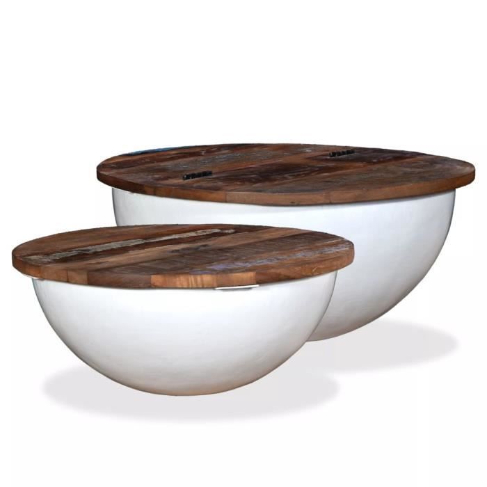Table basse design scandinave salon contemporain 2 pcs Bois de récupération massif blanc forme bol