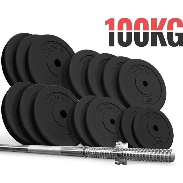 Physionics® Barre d'Haltère Longue avec Disques de Poids - Barre (180cm, Fermoirs, Max. 300kg) avec Disques 100 kg, Ø 31 mm - Fitnes