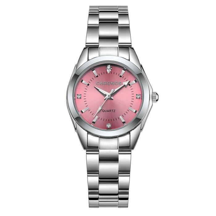 Montre à quartz pour Femme , Etanche , Acier , Bracelet en Argenté , Cadran Rose , Cadeau de Saint Valentin , Noël