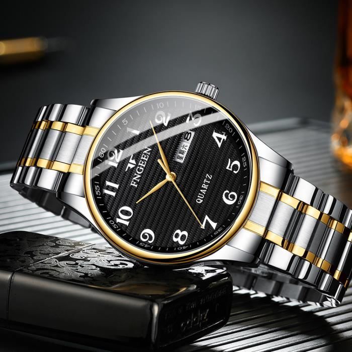 RMEGA Montre Homme Montre Bracelet Homme Affaires Quartz Etanche Acier Inoxydable Bande Acier Cadran Noir