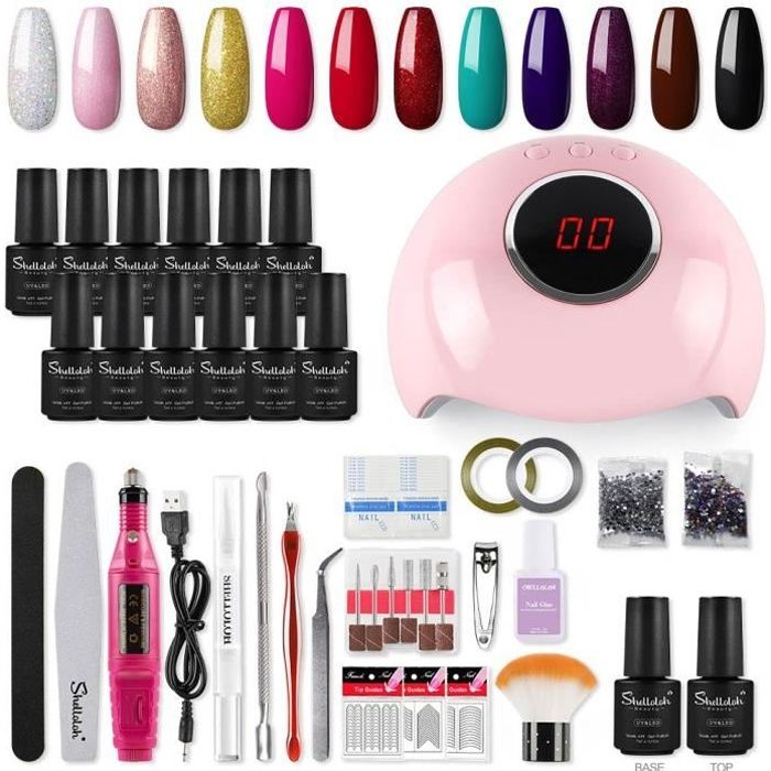 Vernis Semi Permanent 24W Lampe a Ongel Shelloloh 12pc Vernis Lampe à Ongle Ponceuse Embout Limes Stickers Kit Manucure