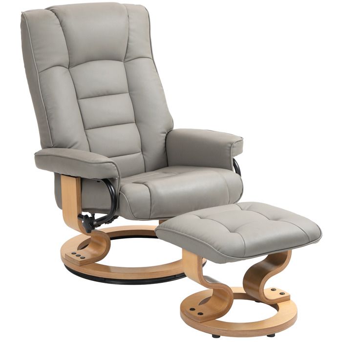 Fauteuil de relaxation inclinable HOMCOM avec repose-pied pivotant cadre en bois revêtement synthétique gris
