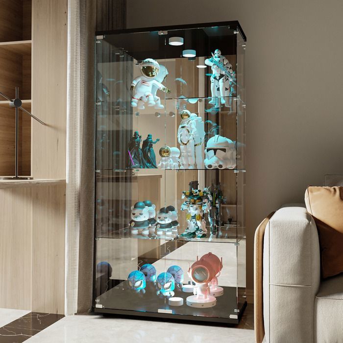 Vitrine - SOMUBI - verre trempé miroir - LED - 4 niveaux - 2 portes avec serrure - 80×36×164 cm