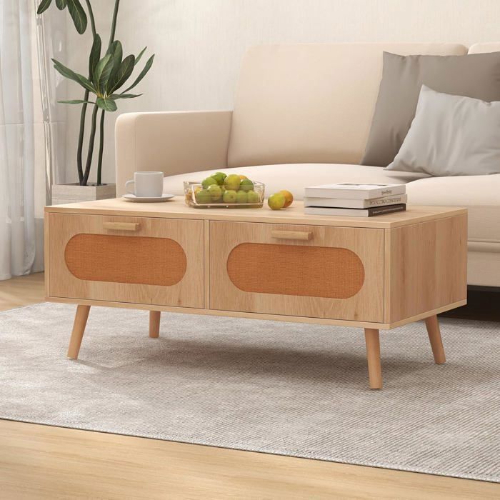 COSTWAY Table Basse - Cannage 2 Tiroirs Compartiment Arrière Pieds en Bois Massif Style Campagne Naturel