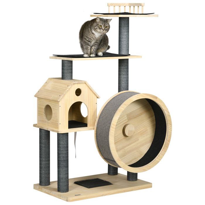 Comparer les prix de PawHut Arbre à chat 4 étages avec roue, maison en bois clair 80 x 50 x 143 cm
