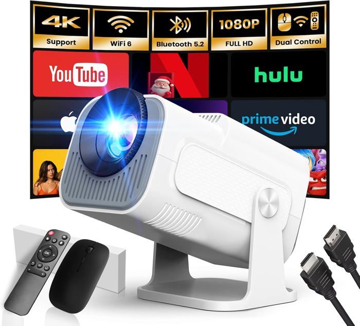 Vidéoprojecteur 4K/1080P Android TV Intégré - Correction Trapézoïdale Auto, Focus Auto, WiFi 6, Bluetooth 5.1 | Support 360° | Pour Cinéma Maison, Extérieur - 10