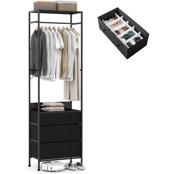Porte Manteaux COSTWAY-3 Tiroirs Amovibles et Pliables-Tringle à 3 Positions-Cadre en Métal-Anti-basculement-55 x 28 x 176 cm-Noir