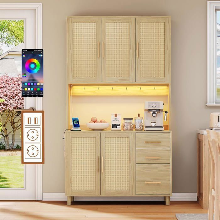 LEMONBEST Buffet de cuisine 183 cm rotin tressé LED multicolore prises électriques & USB 5 portes 3 tiroirs