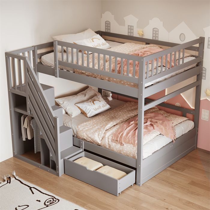 Lit Superposé Enfant Adolescent 140×200 cm Lit Superposé 2 Places en Bois Massif avec Barrières de Sécurité et Rangement Gris