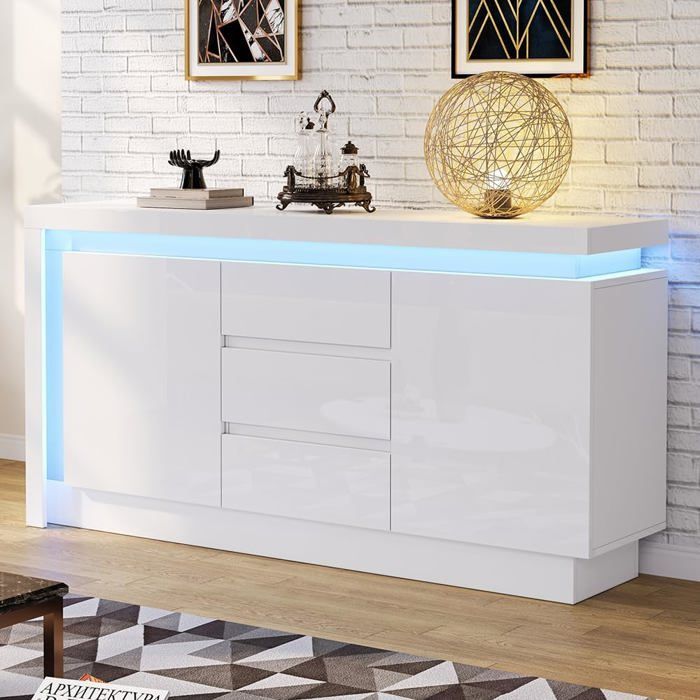 Buffet OOIILLEE 140x35x72 Cm Blanc Brillant Avec LED - Commode 3 Tiroirs, 2 Portes, étagères Réglables - Pour Salon, Chambre - 6