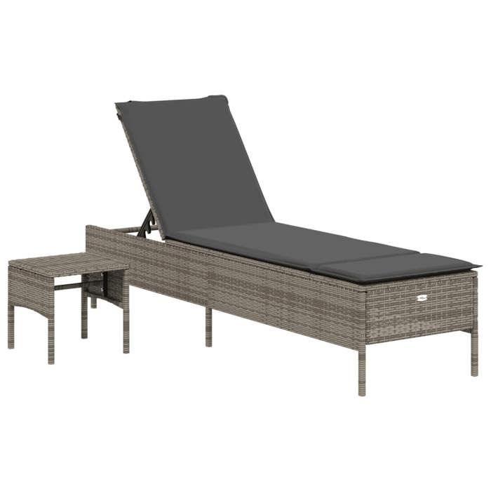 @FRENCH Chaise longue(1 personne) - TOP VENTES - Jusquà 120 kg - avec table et coussin gris résine tressée 3909468