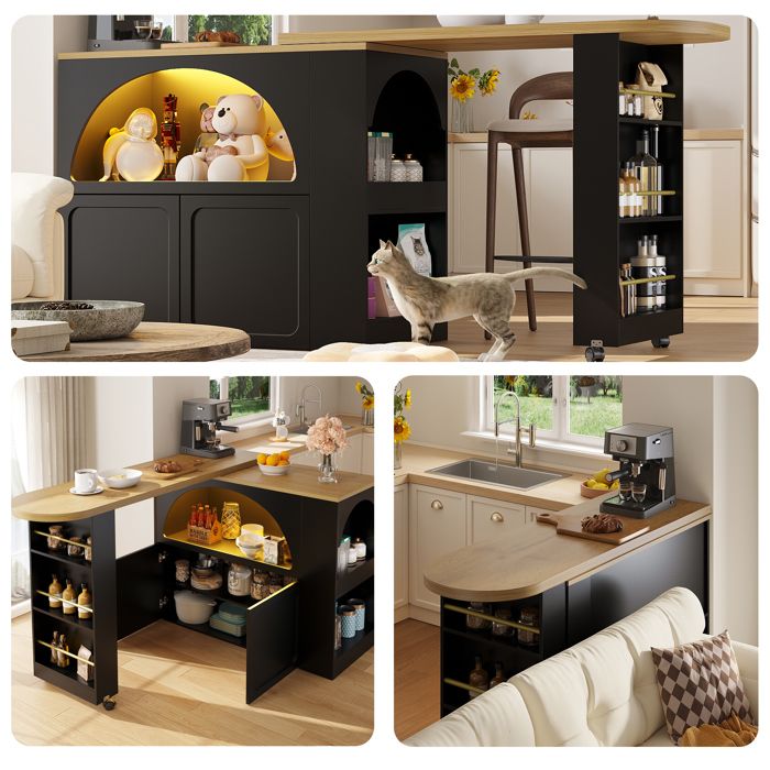 Table de bar extensible avec rangement (135-205×39×100 cm) table de Salle à Manger mobile avec éclairage LED Meubles de Cuisine Table de bar extensible avec rangement (135-205×39×100 cm) table de Salle à Manger mobile avec éclairage LED Meubles de Cuisine