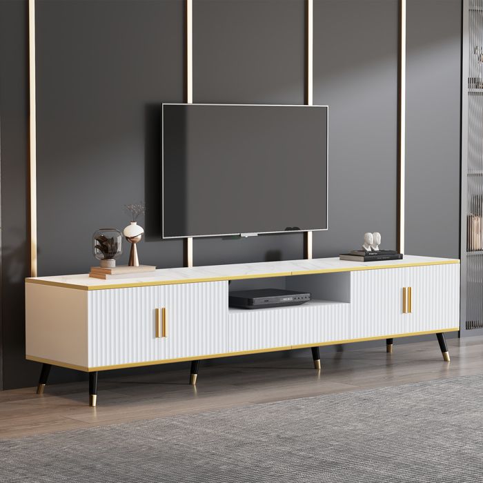 Meuble TV bas moderne à effet marbre - Compatible téléviseurs jusquà 90 pouces (205 cm) - 2 portes et 1 tiroir