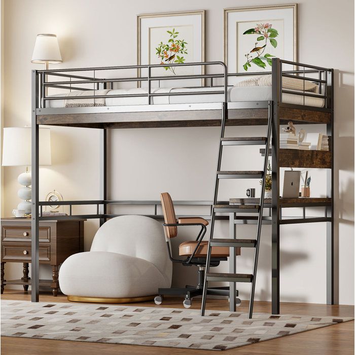 Lit mezzanine 90x200 cm en métal noir avec bureau et étagères échelle et garde‑corps – design moderne