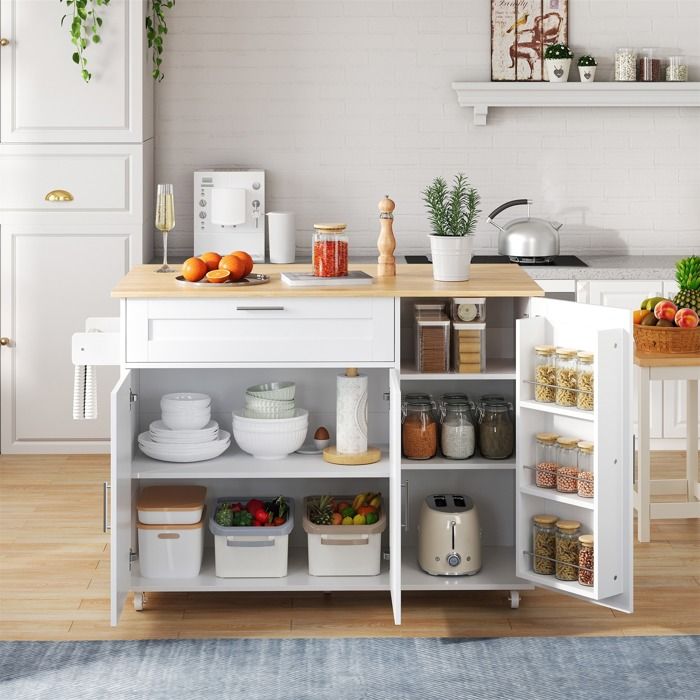 Desserte de Cuisine Bîlot de Cuisine à Roulettes 1325x44(70)x90cm plateau pliable TiroirPorte-EpicesPorte-Serviettesblanc