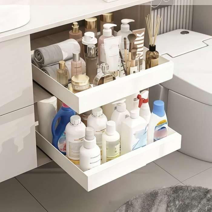 Tiroir de Rangement de Cuisine Extensible – Blanc Installation sans Percage Réglable (30.5-52) x 41.4 x 6 cm pour Plats et Épices