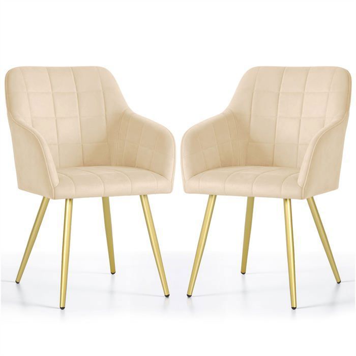Lot de 2 Chaises rembourrées à surpiqûres carrées LUXANO Beige pieds dorés