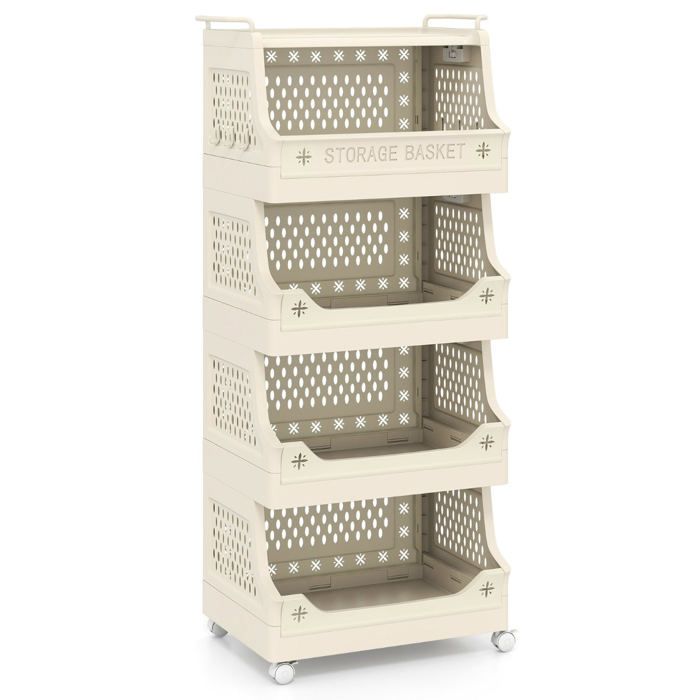 Panier à linge - HELLOSHOP26 - 5 niveaux empilable - Beige - 4 roulettes (2 verrouillables) - Pliable
