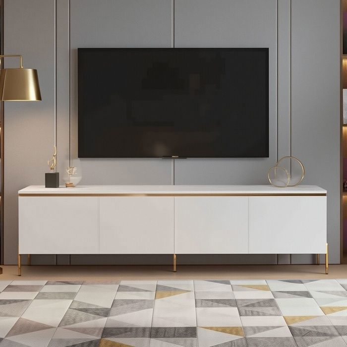 Meuble TV 170x38x50cm - 4 Portes - Design Luxe Moderne - Gestion des Câbles - Blanc Brillant et Or