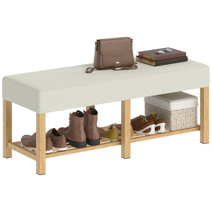 Banc à chaussures - HOMCOM - siège rembourré 2 places - étagère ouverte - bois hévéa - 120x44x48cm - naturel et beige