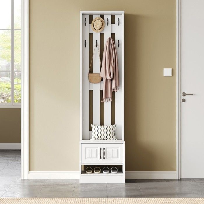 Vestiaire dEntrée avec Banc à Chaussures Portemanteau 8 Crochets et Placard 2 Portes Meuble de Rangement Blanc 50x36x190cm