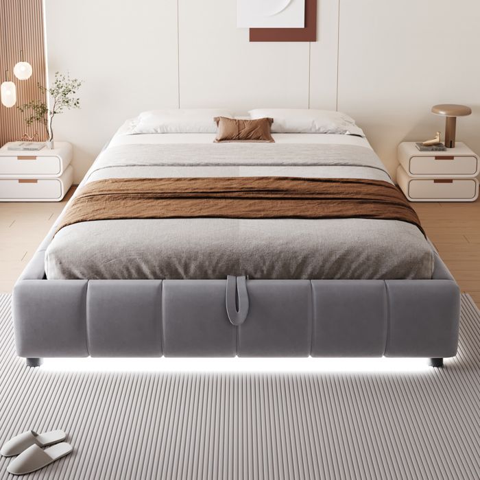 Lit coffre simple gris 140×200 cm avec LED blanche sommier métal rangement montage nécessaire