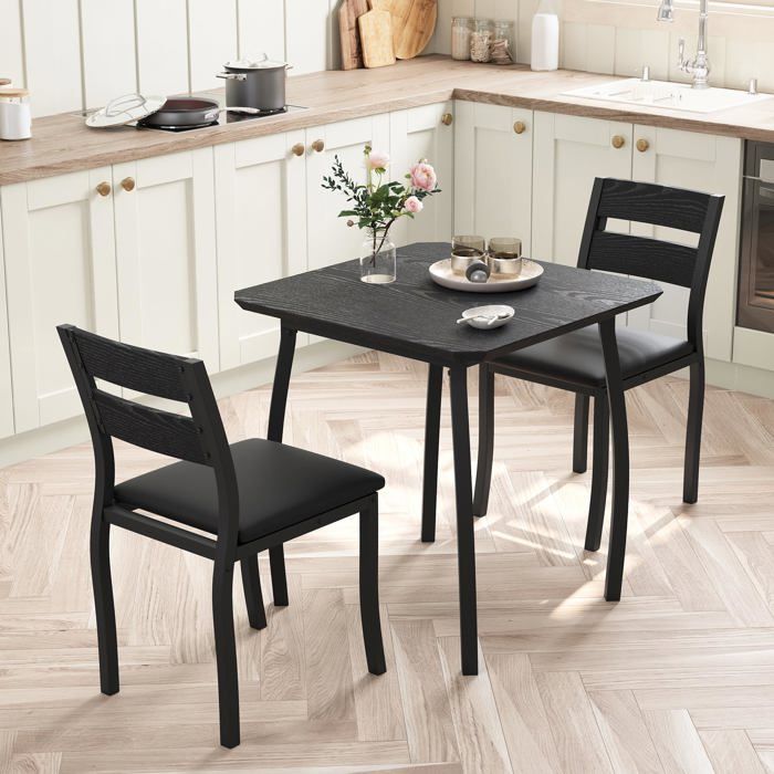 Ensemble table à manger rétro - LUNSY - 73 7x73 7x76 cm - Noir - 1 table et 2 chaises - Style grange rétro