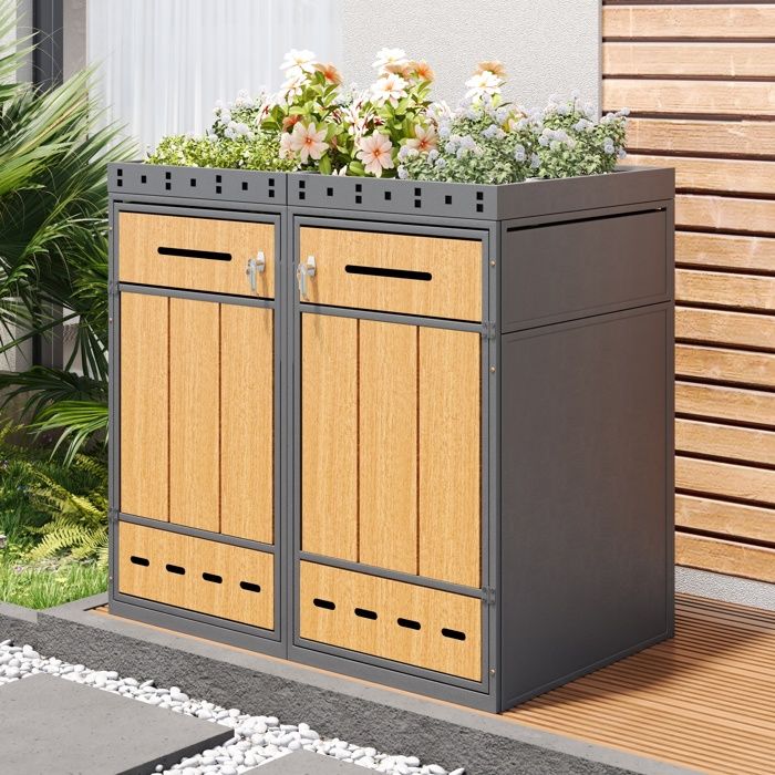 Armoire à Poubelle Double avec Bac à Plantes Intégré - Conteneurs de Tri 2x25L- pour Jardin Terrasse Extérieur