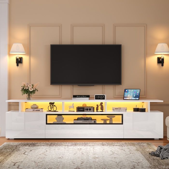 Meuble TV blanc laqué avec LED 2 placards et 1 tiroir rangement multicouche