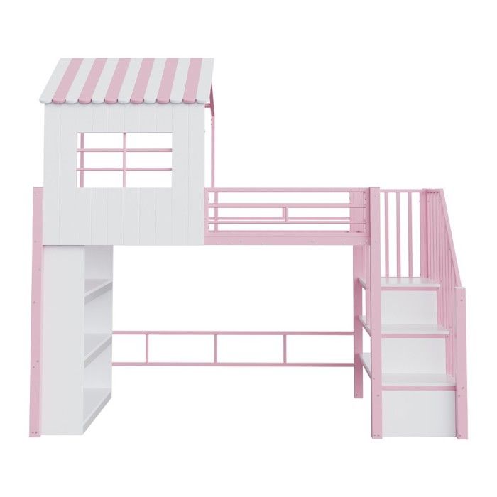 Lit mezzanine 90x200 fer forgé rose barrière sécurité escalier gauche/droite étagères lit enfant Sans Matelas
