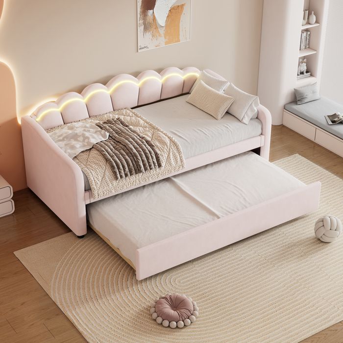 Lit Gigogne 90x200 cm - avec lit tiroir 90x190 cm et éclairage LED ambiant - sans matelas - revêtement en velours doux - Rose