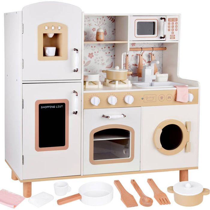 GINGER HOME Cuisine Enfant en Bois Vintage avec Plaques Électroniques Lumières Sons et Évier avec Eau – 91x31x90 cm