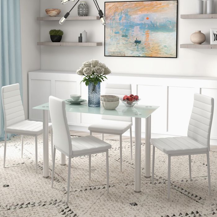 Ensemble de table à manger avec 4 chaises plateau en verre trempé pieds en acier pour cuisine salon blanc