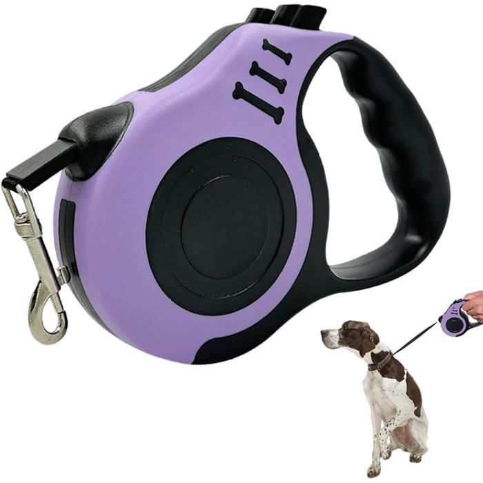 Laisse rétractable pour chien de 5 m - Laisse extensible avec poignée antidérapante - Bouton de frein facile à utiliser - Violet