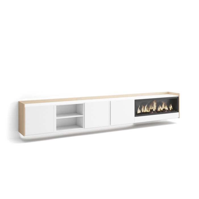 Meuble TV avec Cheminée électrique XXL à droite 315x35x50cm Suspendu Mural LED Blanc et Chêne Soft RF4807