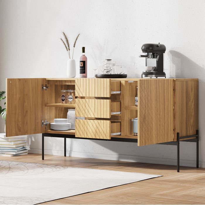 Buffet Bas 2 Portes 3 Tiroirs avec Étagères Amovibles - TCQPZ - Piétement Métal en Bois Naturel 140 × 40 × 75 cm