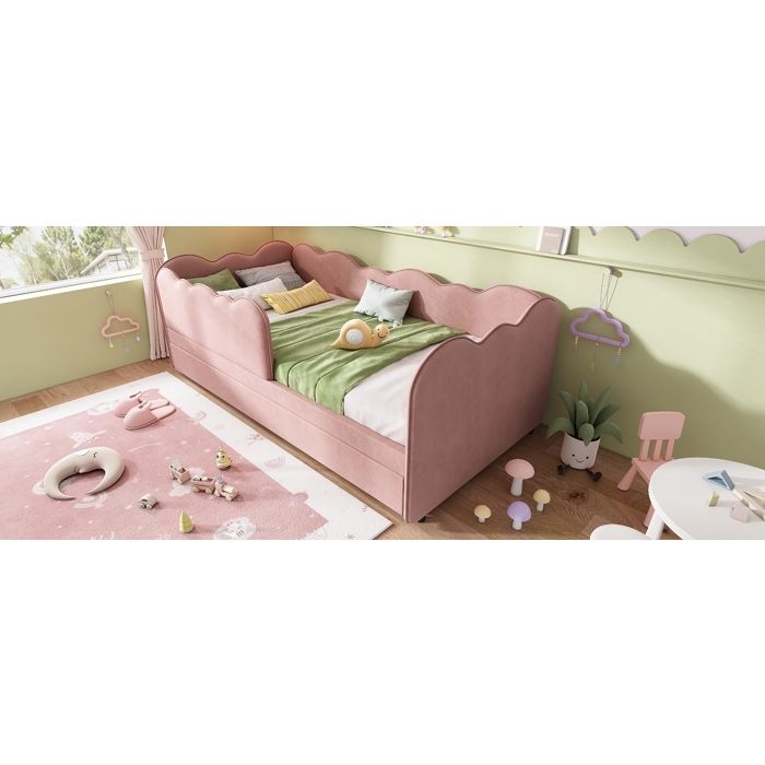 Lit enfant rose 90×190 cm avec lit gigogne sommier inclus velours sans matelas