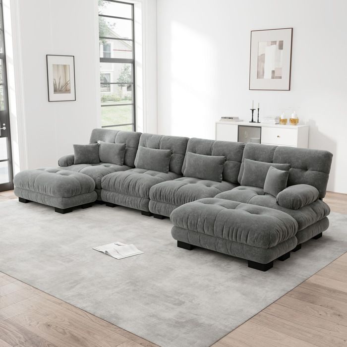 Canapé modulaire gris en chenille avec ottomans mobiles composition U ou angle